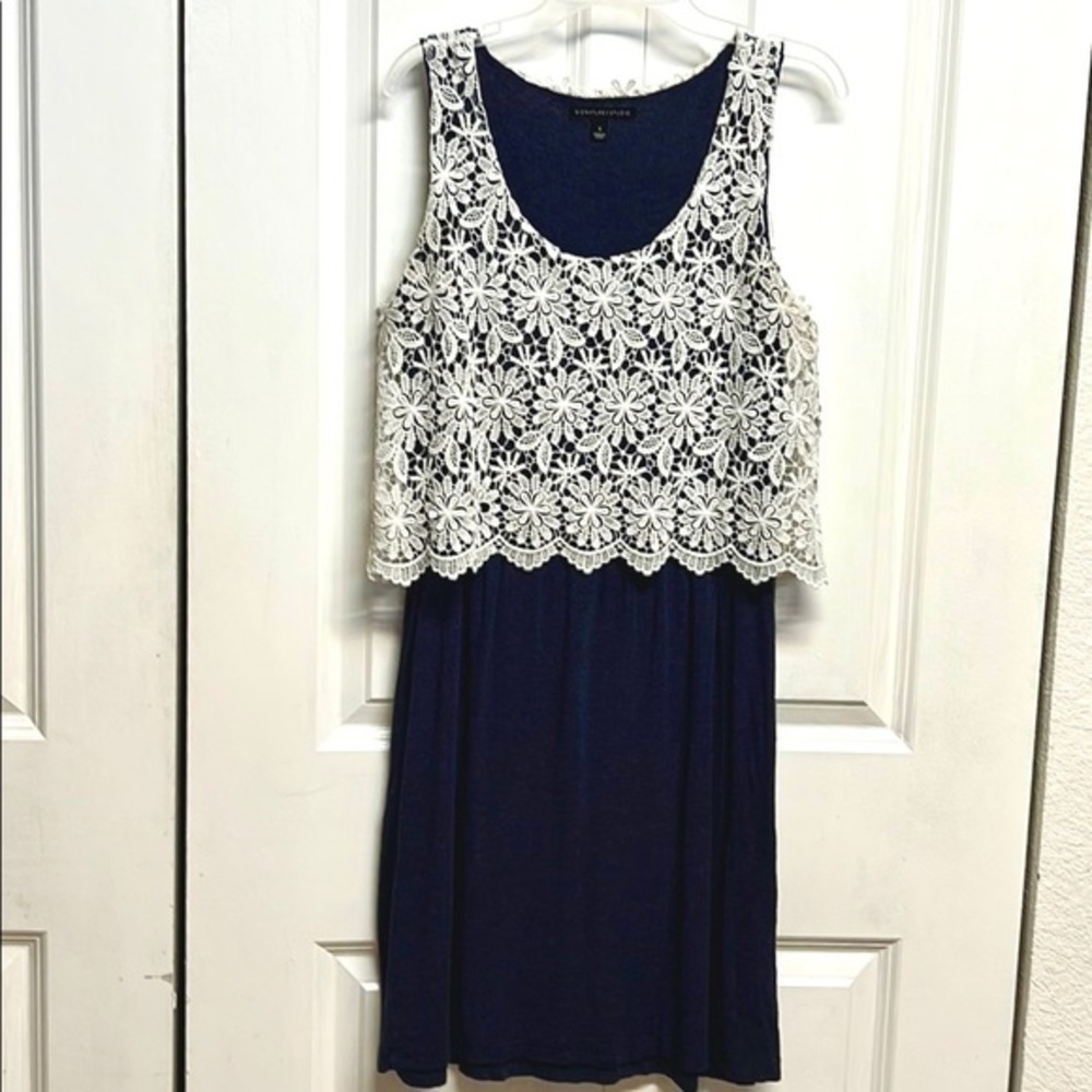 Signature Studio Blue White Lace Sleeveless Viscose Blend Dress Size S